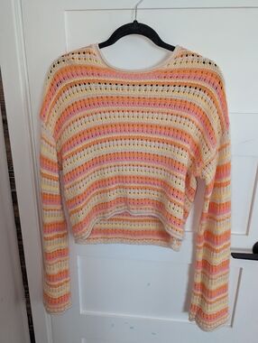 moon & Madison  Lightweight Striped Crochet Sweater - Peach, Pink & Cream